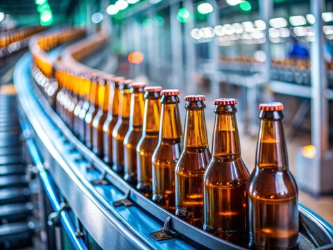 Conveyor Belt Beer Bottles: Brewery Production Line Stock Photo