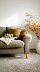 Cozy Living Room Interior  Beige Sofa  Dried Flowers  Book