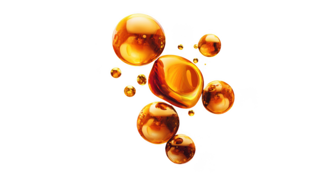 Glossy orange spheres with reflective surface float against transparency background, creating vibrant and dynamic visual effect. spheres vary in size, adding depth and interest to composition