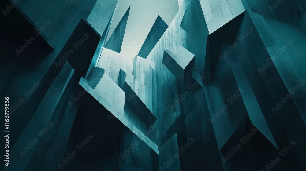 Poster a dark teal geometric background featuring sharp angles and overlapping polygons, creating a dynamic