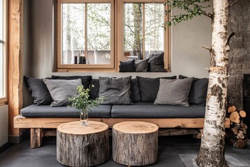 Cozy modern living room with natural wood accents and large windows showcasing greenery