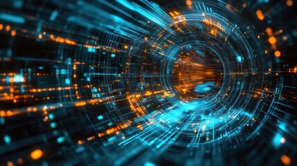 Fototapeta premium Abstract digital tunnel with blue and orange light trails representing technology and motion.