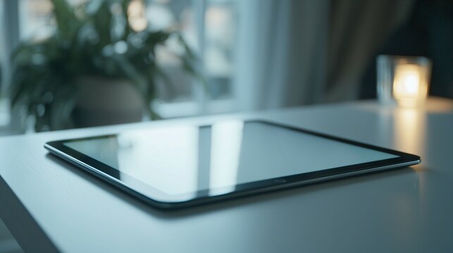 Sleek modern tablet on minimalist desk with ample copy space for text or design, showcasing technology and productivity in a clean and contemporary setting.