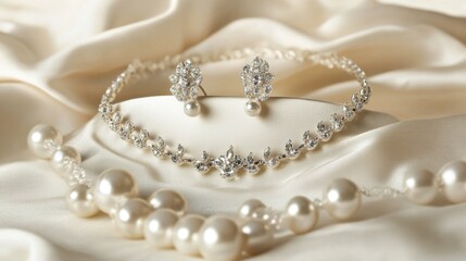 Exquisite Pearl and Diamond Jewelry Set on Elegant Silk Fabric