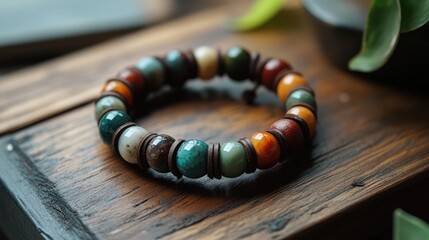 Colorful Beaded Bracelet on Rustic Wooden Surface with Greenery