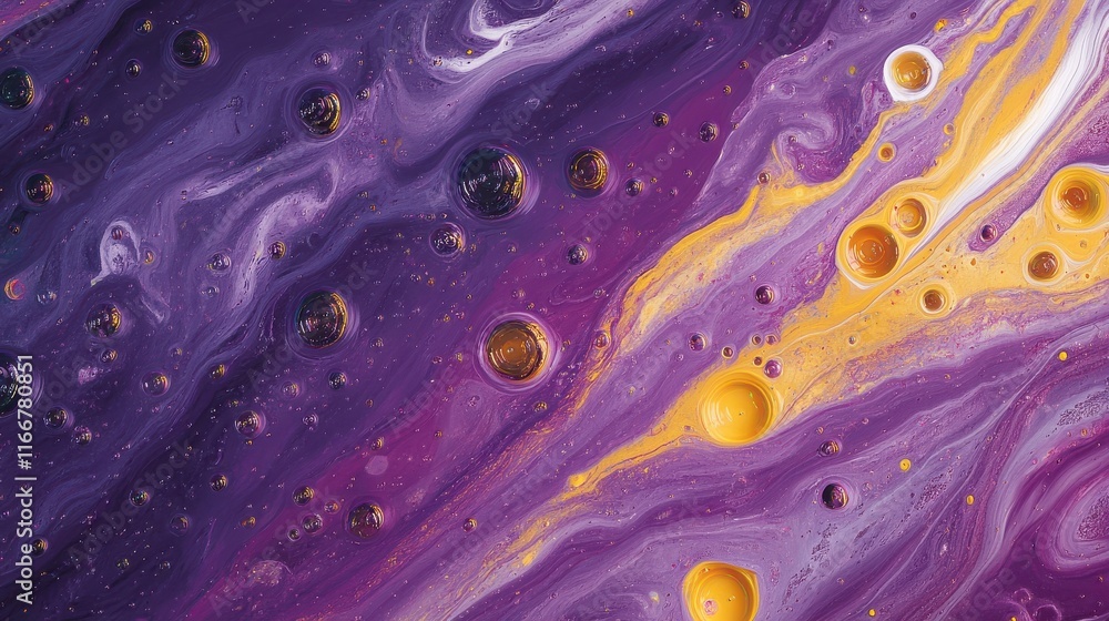 Poster purple and yellow soap bubbles in paint create an abstract design suitable for a colorful background