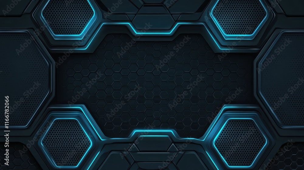 Poster blue tech background featuring circuit lines and hexagons, vector design for business, technology, o