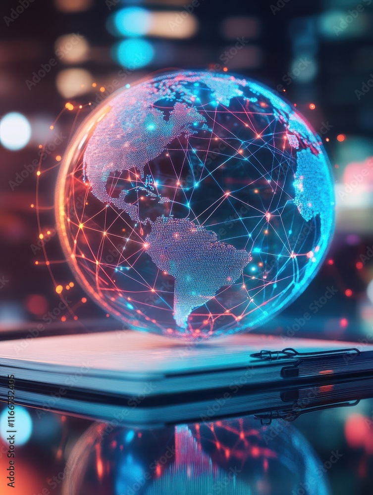Poster close up of notebook with abstract globe sphere with coding and polygonal network. future, technolog