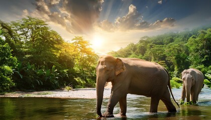 elephant animal wildlife green forest young travel beauty river sun tropics adventure wilderness natural landscape