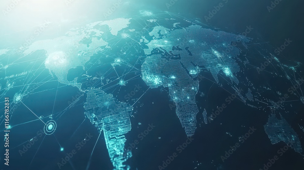 Aufkleber light blue background with a digital world map and global network connections, representing the conc
