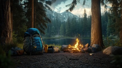 Serene Camping Scene with Backpack and Campfire by Mountain Lake