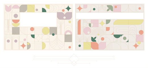 A set of fully editable covers (backgrounds) made of geometric elements in Art Deco style on a colored background. The design will be used in wedding printing, branding, corporate identity creation