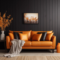 Orange Leather Sofa Black Walls Dried Flowers Modern Living Room Interior