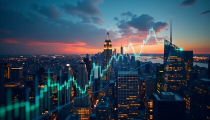 Fototapeta premium New York City Skyline Stock Market Graph Sunset View,