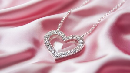 Fototapeta premium Sparkling Silver Heart Necklace on Soft Pink Satin Fabric