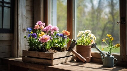 Fototapeta premium Lovely springtime flowers in a wooden crate on a window ledge with a birdhouse and watering can