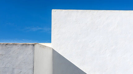 smooth whitewashed wall contrasts against bright blue sky, creating serene and minimalist aesthetic. clean lines and shadows evoke sense of tranquility and simplicity