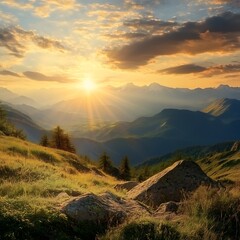 Obraz premium Sunset over the mountain river in the Alps. Beautiful summer landscape.