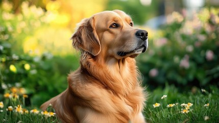 Golden retriever dog in a lush garden setting surrounded by colorful flowers and greenery showcasing the beauty of nature.