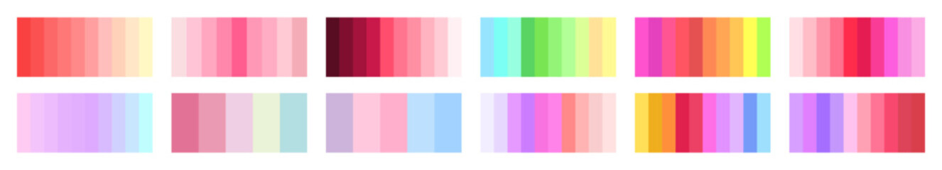 Fototapeta premium Vivid spring gradient palette collection. Bright pink, coral, yellow, green, and pastel tones gradient swatches. Vector colorful gradient background set for creative design. 