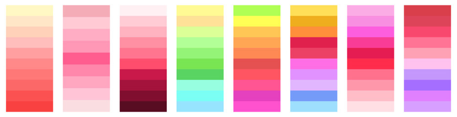 Naklejka premium Spring Color Gradient Palette Set. Warm red, pink, green, yellow, and pastel gradients in vertical swatches. Vector vibrant gradient collection for modern design. 