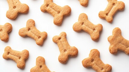 Dog-shaped biscuits arranged on a white background showcasing texture and detail of pet treats for marketing and promotional use