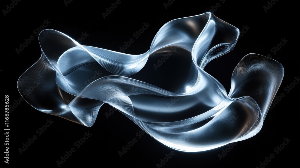 Poster curvy translucent sheets forming an abstract flowing shape. dynamic motion, neon background