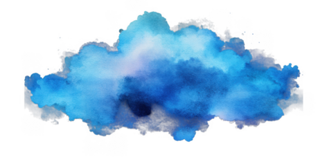 vibrant watercolor blue splash forms unique cloud shape, blending various shades of blue to create dynamic and artistic design. abstract form evokes creativity and imagination