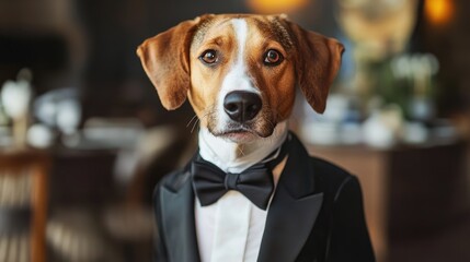 Dog in elegant tuxedo displaying charming expression in a festive indoor setting perfect for celebrating special occasions.