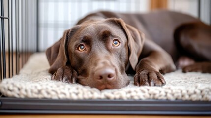 Sad chocolate Labrador resting in a cage looking forlorn illustrating themes of rescue and animal welfare.