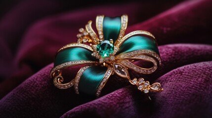 Obraz premium Elegant Green Brooch with Ribbon and Gemstone on Velvet Background
