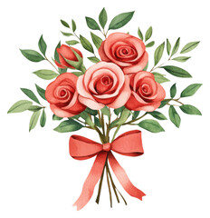 Fototapeta premium PNG A bouquet of pink roses tied with a ribbon, surrounded by green leaves.