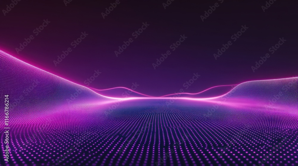 Poster an abstract configuration of pink and purple glowing dots connected by laser-like lines across a dar