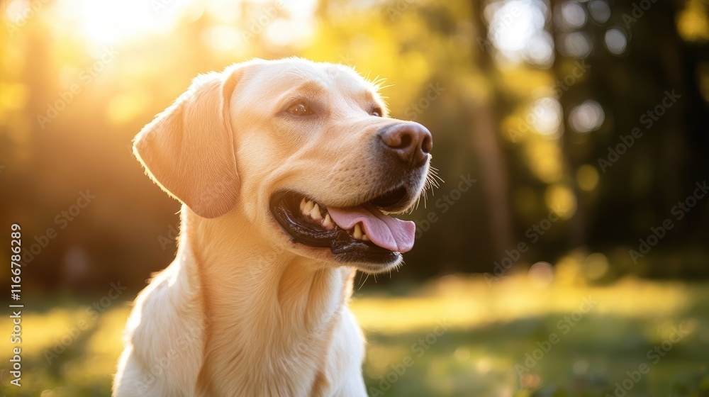 Poster golden retriever enjoying sunlight in a tranquil forest setting with vibrant greenery and warm backl