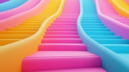 Obraz premium Colorful and Vibrant Staircase Design Featuring Curved Steps in Bright Shades of Yellow, Pink, and Blue for Modern Artistic Backgrounds