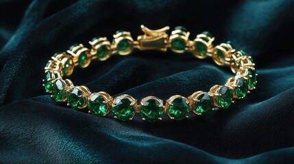 Fototapeta premium Elegant Gold Bracelet with Green Gemstones on Soft Black Fabric