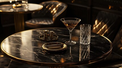 Obraz premium Art déco table with crystal glasses and brass details in a dimly lit jazz club