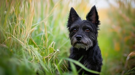 Black terrier dog in tall grass surrounded by nature showcasing outdoor pet beauty and serene environment.