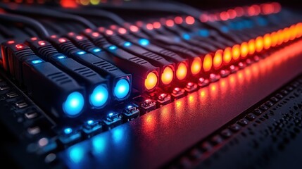 Close-up of network cables with glowing lights.  Rows of network cables with illuminated indicator lights in blue and red colors.  Detailed view of network connections.  