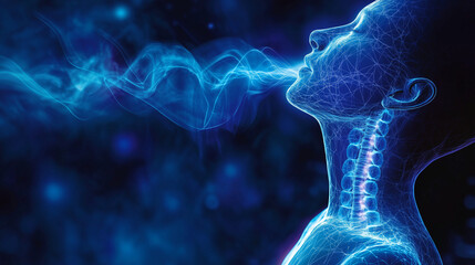The throat chakra glowing bright blue, with intricate sound wave-like patterns radiating outward