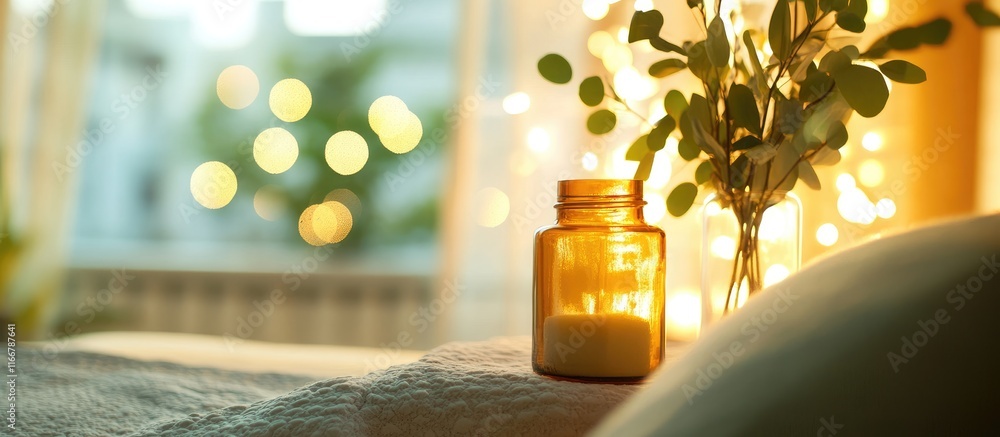Aufkleber serene bedroom ambiance with calming candlelight and soft bokeh creating a relaxing atmosphere for o