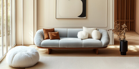 Background interior of classical living room with light-colored walls, sky blue sofa.