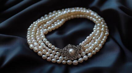 Fototapeta premium Elegant Pearl Necklace with Vintage Brooch on Black Fabric