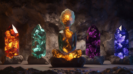 Chakras visualized as gemstones embedded in a meditating figure, each glowing with unique crystalline patterns