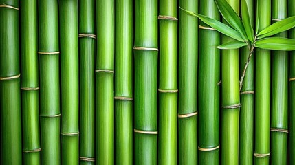 Green Bamboo Stalks with Single Leaf on Natural Textured Background for Serenity
