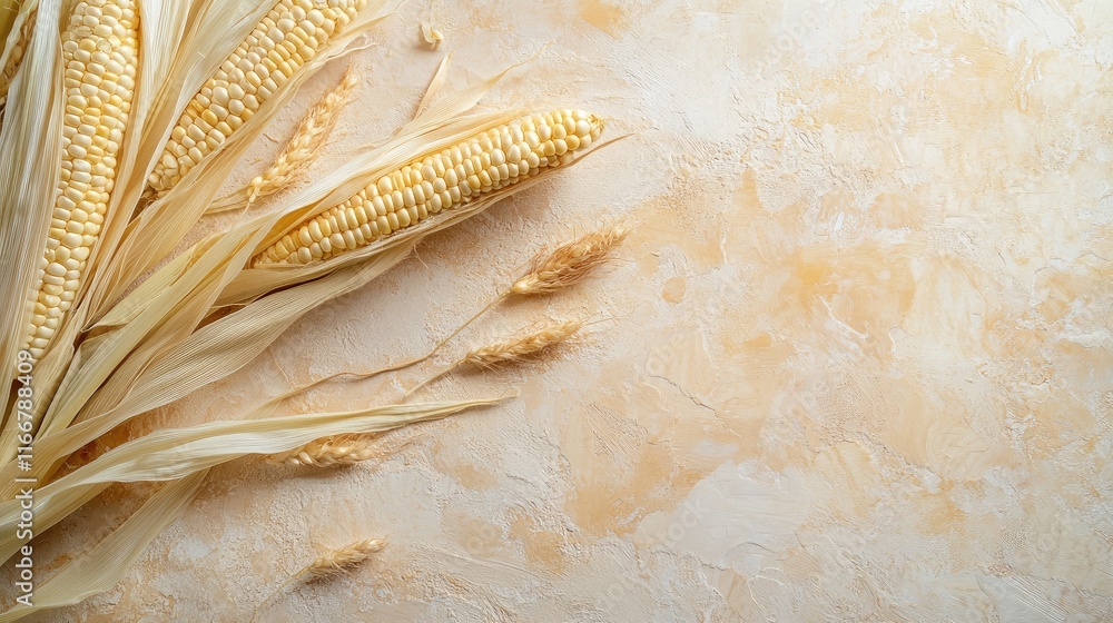Poster freshly harvested corn cobs displayed on a textured surface showcasing nature's bounty with a soft b