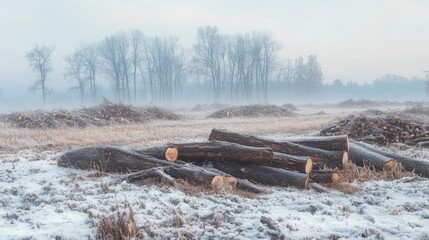 Winter landscape featuring foggy agricultural field with chopped tree branches piles showcasing deforestation effects in serene morning light.