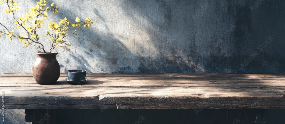 Poster rustic wooden table with natural light and decorative elements perfect for product displays or mocku