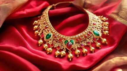 Obraz premium Exquisite gold necklace with colorful gemstones on silk fabric