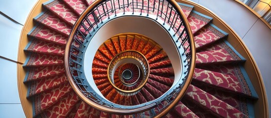 Elegant spiral staircase with luxurious carpets creating an inviting atmosphere in a contemporary hotel setting